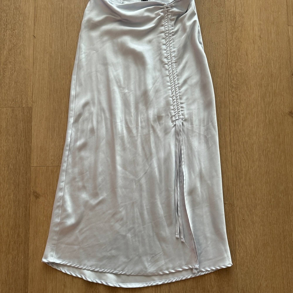 Forever 21 Silver Satin Maxi Skirt with Side Ruched Drawstring